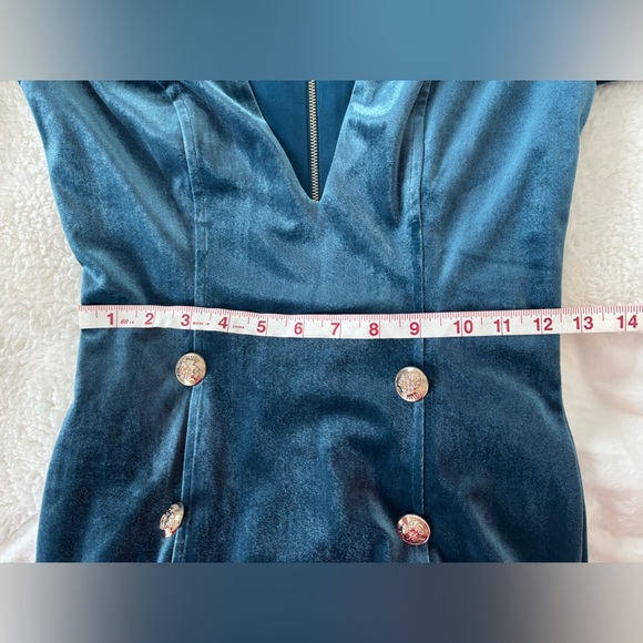 Velvet mini sea style dress long sleeve in turquoise colour gold buttons - Picture 14 of 15
